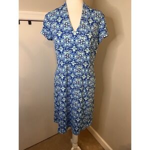 J. McLaughlin Catalina Cloth Blue/White Geometric V-Neck Shift Dress Stretch M